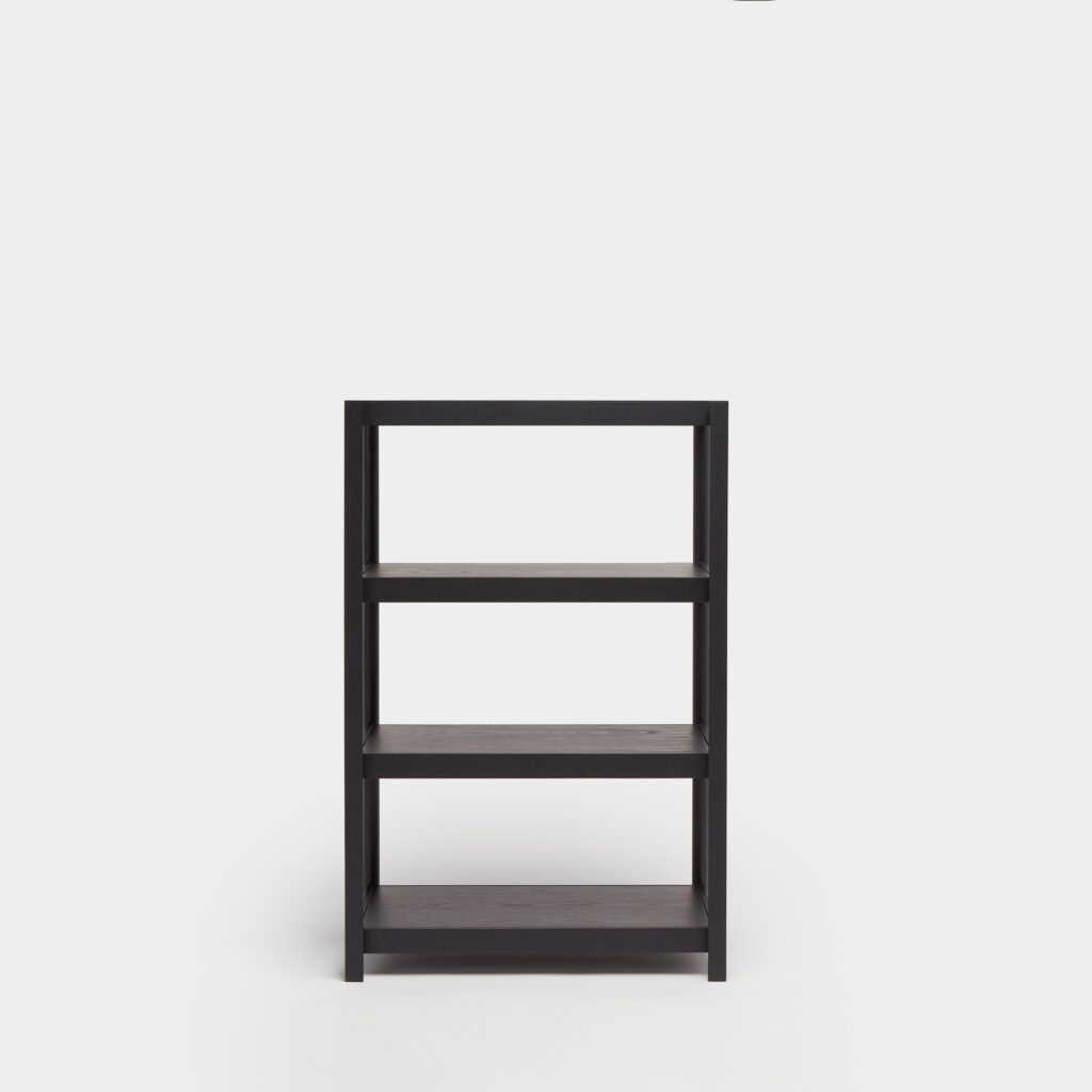 black lacquered veneered medium height shelving unit